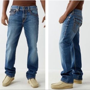 True Religion Ricky Big T Gold Stitch Straight Leg Jeans in Faded Med Blue Wash
